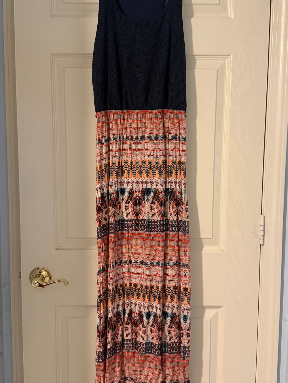 Three Hearts Navy Lace Bodice Maxi Dress with Coral and Teal Patterned Skirt